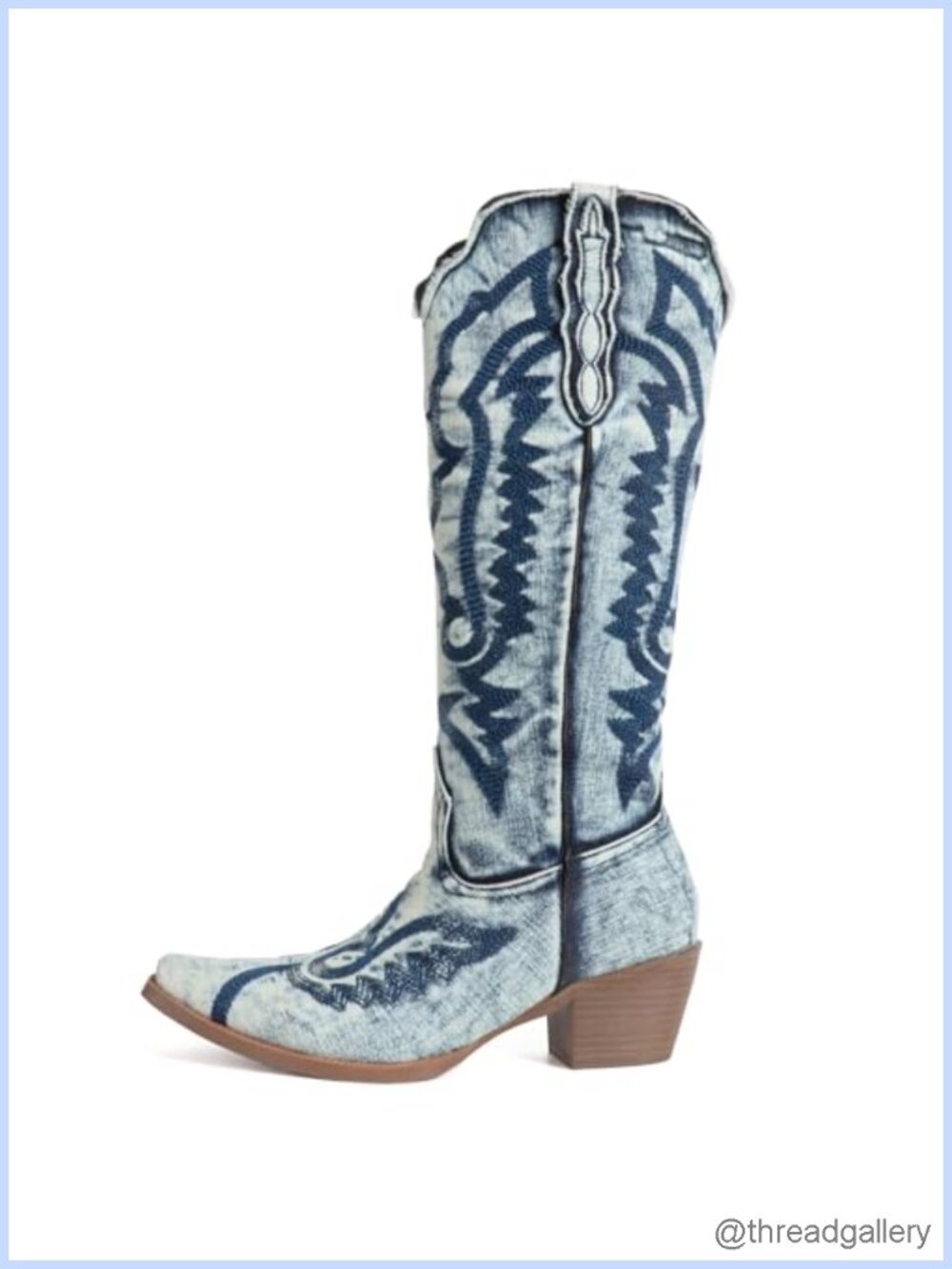 Denim Embroidered Cowboy Boots Knee High Pointed Toe Chunky Heel